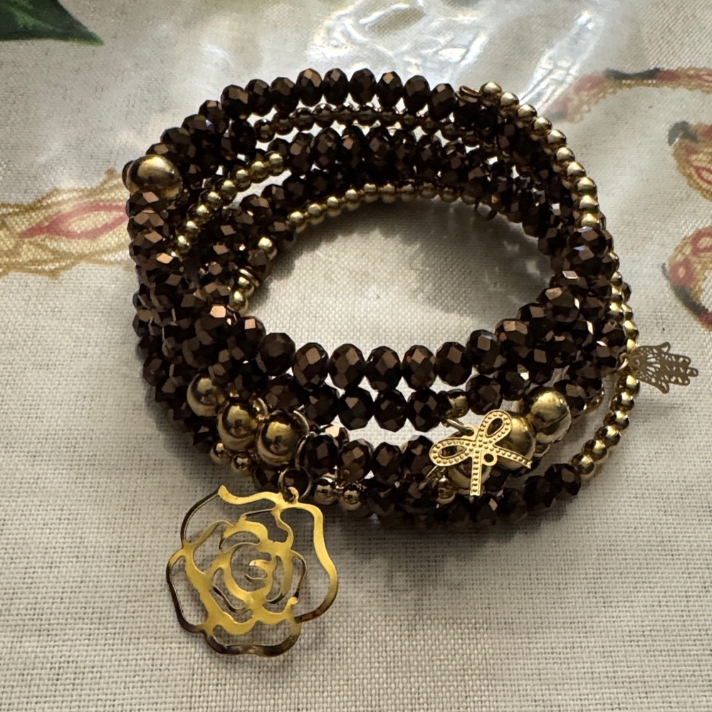 Elegant Gold and Brown Beaded Coil Bracelet